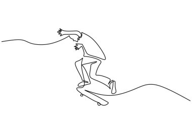 Kaykay oynayan adam sürekli çizgi çiziyor. Spor ve spor konsepti. Vektör illüstrasyonu minimalist tasarım el çizimi.