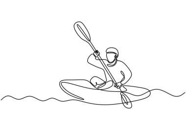 Adam kayıkla sürekli çizgi çizerek kano sporu yapıyor. Atletik macera sporu konsepti. Vektör illüstrasyonu minimalist tasarım el çizimi.