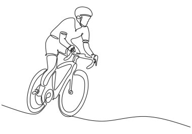 Bisiklet süren adam devamlı miğfer takıyor. Spor ve spor konsepti. Vektör illüstrasyonu minimalist tasarım el çizimi.