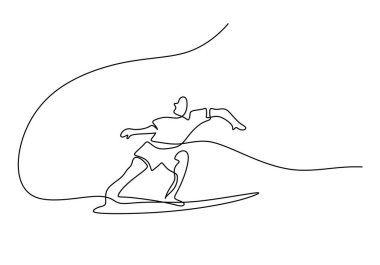 Sahilde sörf tahtası oynayan bir adam sürekli çizgi çiziyor. Spor ve macera konsepti. Vektör illüstrasyonu minimalist tasarım el çizimi.