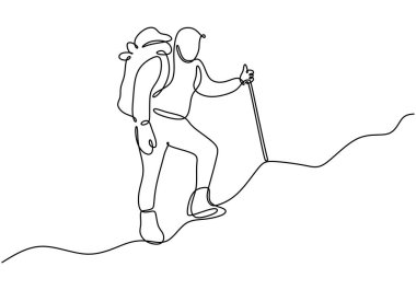 Erkekler dağa tırmanma sporu yaparken sürekli çizgi çizerler. Macera sporu konsepti. Vektör illüstrasyonu minimalist tasarım el çizimi.