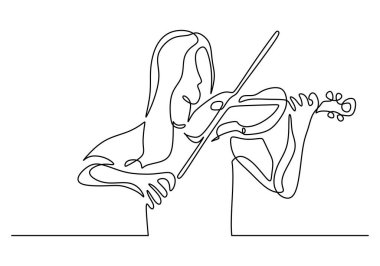 Güzel bir kadın sürekli keman çalıyor. Müzik orkestrası konsepti. Vektör illüstrasyonu minimalist tasarım el çizimi.