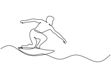 Sahilde sörf tahtası oynayan bir adam sürekli çizgi çiziyor. Spor ve macera konsepti. Vektör illüstrasyonu minimalist tasarım el çizimi.