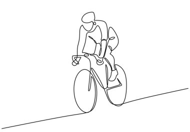 Bisiklet süren adam devamlı miğfer takıyor. Spor ve spor konsepti. Vektör illüstrasyonu minimalist tasarım el çizimi.