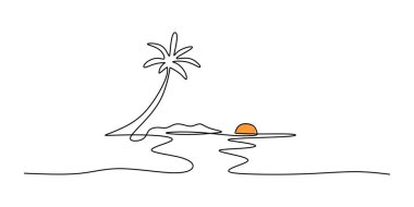 Sahil manzarası aralıksız tek bir çizgi çiziyor. Hindistan cevizi ağacı ve denizle tek sıra halinde gün batımı. Doğa sanatının manzara manzarası.