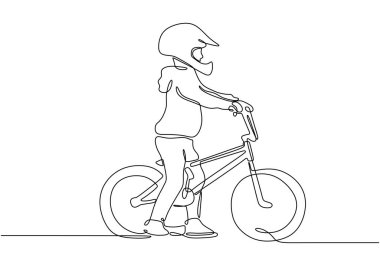 Kasklı bisiklete binen çocuk, bir çizgi çizimi, açık hava aktivitesi konsepti..