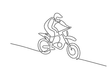 Motokros Bisiklet Tek Hat Çizimi. Motokros eylemindeki genç bir sürücünün kesintisiz çizgi çizimi.