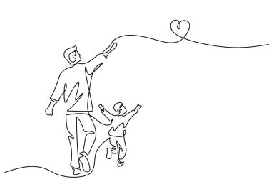 Bir Felç Çizimi Baba Oğul Bağlanma Zamanı. Minimalist Çizgi El Çizimi Taslak Vektör İllüstrasyonu.