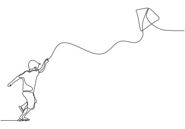 Uçurtma ve minimalist vektör tasarımlı neşeli bir çocuğun kesintisiz çizimleri..