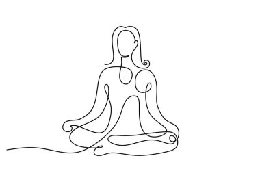 Tek bir çizgi çiziminde yoga yapan bir kadın. Beyaz arka planda izole edilmiş sağlık, fitness ve meditasyon konseptinin vektör çizimi.