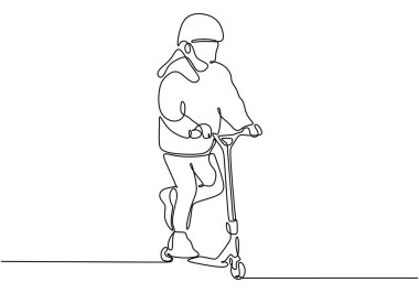 İnsanlar yürüyor, oynuyor, parkta scooterlara biniyor, sürekli çizgi çiziyor, basit bir vektör..