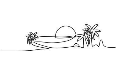 Dağları, denizi, hindistan cevizi palmiyesini ve bulutları olan soyut tropikal manzaralar. Asgari poster için vektör doğa duvar kağıdı.