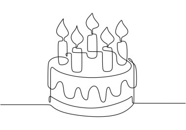 Doğumgünü pastasının mumla çizilmiş basit minimalist sürekli çizimi. Tatil ve kutlama hediyesi konsepti.