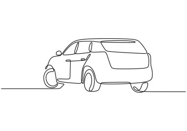 SUV arabası Continuous Line Art. Beyaz arkaplandaki bir vechicle 'ın minimalist bir satır vektör çizimi.