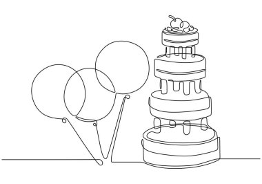 Sürekli balon çizimleri ve pasta çizimleri. Basit minimalist doğum günü veya yıldönümü illüstrasyonu.