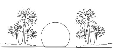 Sahilde sürekli çizim. Yaz tatili boyunca şemsiye illüstrasyonları. Doğa sanatının manzara manzarası.