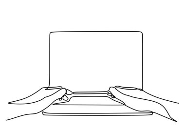 Dizüstü bilgisayarın klavyesinde bir satır el yazısı. Bilgisayarda çalışmanın ya da çalışmanın minimalist çizimi.