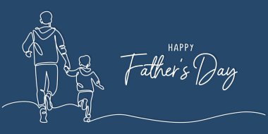 Bir baba ve oğulun hareket halindeki tek çizgi çizimi. Beyaz zemin üzerinde minimalist vektör sanatı.