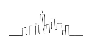 Şehrin gökdelenleri elle çizilmiş siluet. Apartman binaları minimalist çizimleri izole etti. Modern şehir manzarası sürekli bir çizgi vektör çizimi. Metropolis mimarisi panoramik manzara.