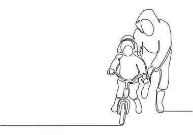 Bisiklet süren baba ve oğulun durmaksızın çizdiği çizgi, beyazın minimalist vektörü..
