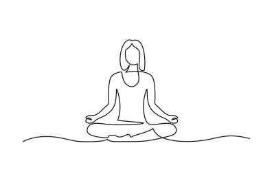Rahatlamak ve iyileşmek için yoga yapan bir kadının çizimi. Sürekli bir çizgi vektör illüstrasyonunda sağlık, zindelik ve meditasyon kavramı.