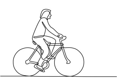 Şehir bisikleti süren bir kadın. Beyaz zemin üzerinde siyah çizgi çizimi, şehir bisikletçisi aralıksız çizgi biçiminde.