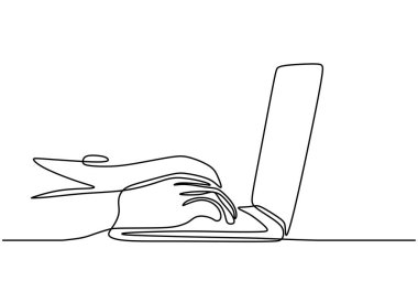 İnternette çalışmayı veya çalışmayı temsil eden bir klavyeye el yazısının sürekli çizimi. Bir çizgi vektör sanatı.