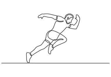 Genç bir sporcunun tek sıra çizimi. Sürekli çizgi sanatı odaklı bir sprinter, rekabetçi spor konsepti.