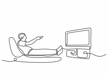 Evdeki kanepede televizyon izleyen bir adam. Bir çizgi aralıksız çizilmiş, minimalist elle çizilmiş..