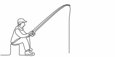 Balıkçılık hobisi, beyaz üzerine izole edilmiş vektör, sürekli bir çizgi çiziminde gösterilmiştir..