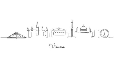 Viyana ufuk çizgisi çiziminin sürekli bir çizimi. Avrupa 'da modern şehir basit doğrusal stil vektör tasarımı konseptinde. Avusturya 'nın büyük şehirlerinden biri. İkonik mimari yapı tasarımı.