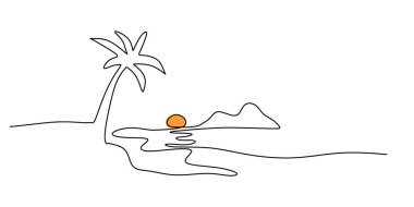 Sahil manzarası aralıksız tek bir çizgi çiziyor. Hindistan cevizi ağacı ve denizle tek sıra halinde gün batımı. Doğa sanatının manzara manzarası.