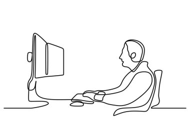 Bilgisayar kullanan bir adamın minimalist sürekli çizimi. İş konsepti vektör çizimi.