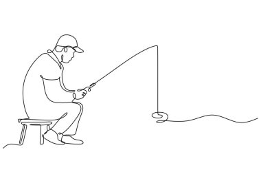 Boş zamanlarında avlanan bir adamın tek satır sanatı, beyaz arka planda vektör tasarımı.