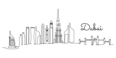 Dubai şehir silueti Birleşik Arap Emirlikleri 'nin aralıksız bir çizimi. Güzel şehir simgesi. Dünya turizmi ve seyahati. Düzenlenebilir tek çizgi çizimi tasarım vektörü illüstrasyonuName
