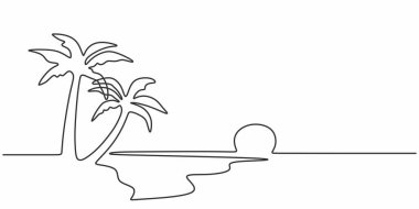 Sahil manzarası aralıksız tek bir çizgi çiziyor. Hindistan cevizi ağacı ve denizle tek sıra halinde gün batımı. Doğa sanatının manzara manzarası.