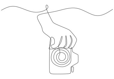 El Aralıksız Çizgi Çizimindeki Kamera. Dünya Fotoğraf Günü için Minimalist Tasarım