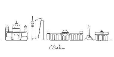 Berlin ufuk çizgisi çiziminin aralıksız çizimi. Avrupa 'da modern şehir basit doğrusal stil vektör tasarımı konseptinde. Berlin 'deki büyük şehirlerden biri. İkonik mimari yapı tasarımı.
