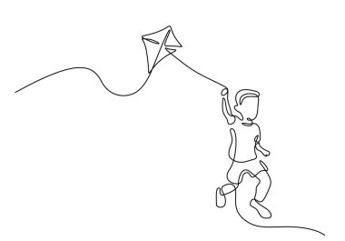 Neşeli çocuk uçurtma uçuruyor, sürekli tek çizgi çiziyor, vektör sanatı kavramı.