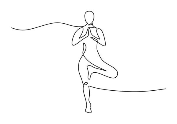Yoga pozu vermiş bir kadının sürekli çizdiği çizgiler rahatlama ve zindeliği temsil ediyor. Vektör sanatı, beyaz bir arkaplanda izole edilmiş sağlık ve meditasyona odaklanmıştır..