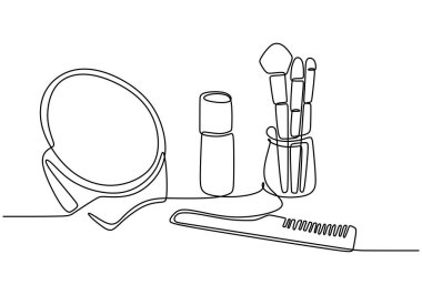 Estetik olarak düzenlenmiş bir makyaj setinin kesintisiz çizgisi çizimi. Basit bir tasarımla güzelleştirme sanatını temsil eder..