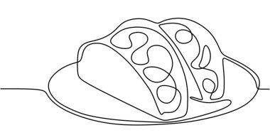 Sürekli iki taco dilimi çiziyorum. Popüler sokak yemeklerini içeren minimalist tasarım. Vektör illüstrasyonu.