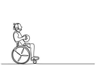 Engelli birinin sürekli olarak basketbol oynaması çizgisi çizimi. Kapsamlılığı ve atletik ruhu temiz bir tasarımla kutlar..