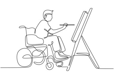 Tekerlekli sandalyedeki bir adamın sürekli çizimleri sanat yaratıyor. Temiz bir tasarımda yaratıcılığı ve ifadeyi vurgular.