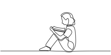 Kitap okuyan bir kadının kesintisiz çizimleri. Eğitim ve eğlencenin basit ve zarif bir tasviri. Vektör illüstrasyonu.