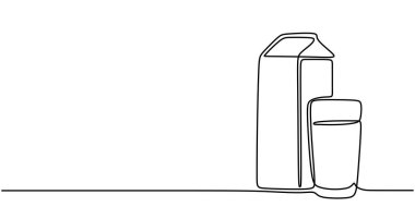 Süt kutusu ve bardağın tek çizgi çizimi. Kahvaltı gereksinimleri için minimalist tasarım. Vektör illüstrasyonu.