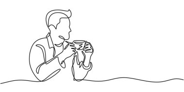 Elinde kahve fincanı tutan birinin bir çizimi. Kahve molası konsepti için minimalist tasarım. Vektör illüstrasyonu.