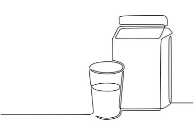 Bir bardak ve süt kutusunun kesintisiz çizimi. Temel kahvaltı gereksinimlerinin minimalist tasarımı. Vektör illüstrasyonu.