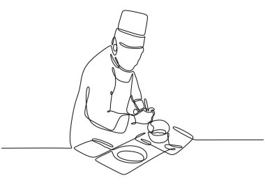 Mutfakta yemek pişiren bir şefin durmaksızın çizdiği çizgiler. Temiz ve dinamik bir yemek hazırlama tasarımı. Vektör illüstrasyonu.