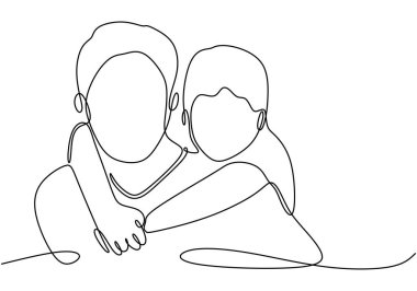 Çocuğunu taşıyan bir babanın çizdiği bir çizgi. Minimalist tasarım aşkı ve özeni temsil ediyor. Vektör illüstrasyonu.